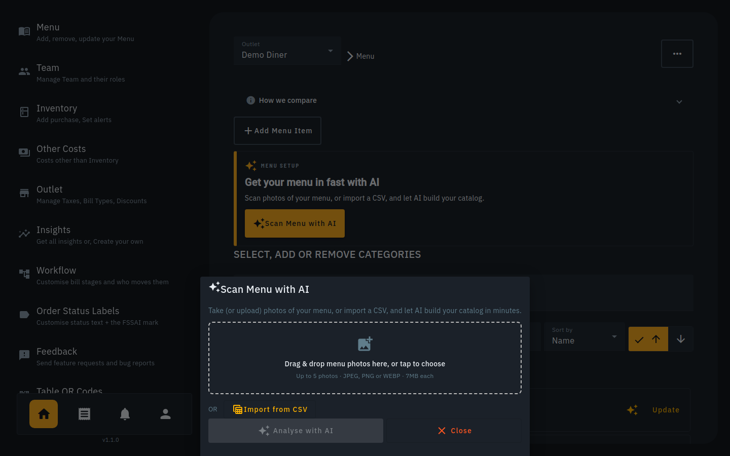 Biller's 'Scan Menu with AI' dialog with a drag-and-drop area for up to five menu photos, a CSV import alternative, and an 'Analyse with AI' action, over the admin menu screen.