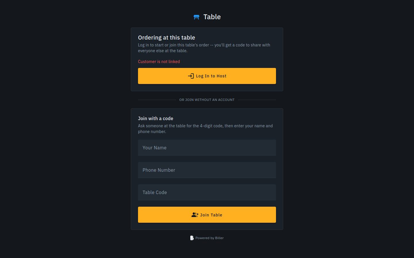 The guest-facing table page reached by scanning a QR code: 'Ordering at this table' with a log-in-to-host action and a join-with-a-code form asking name, phone number and table code.