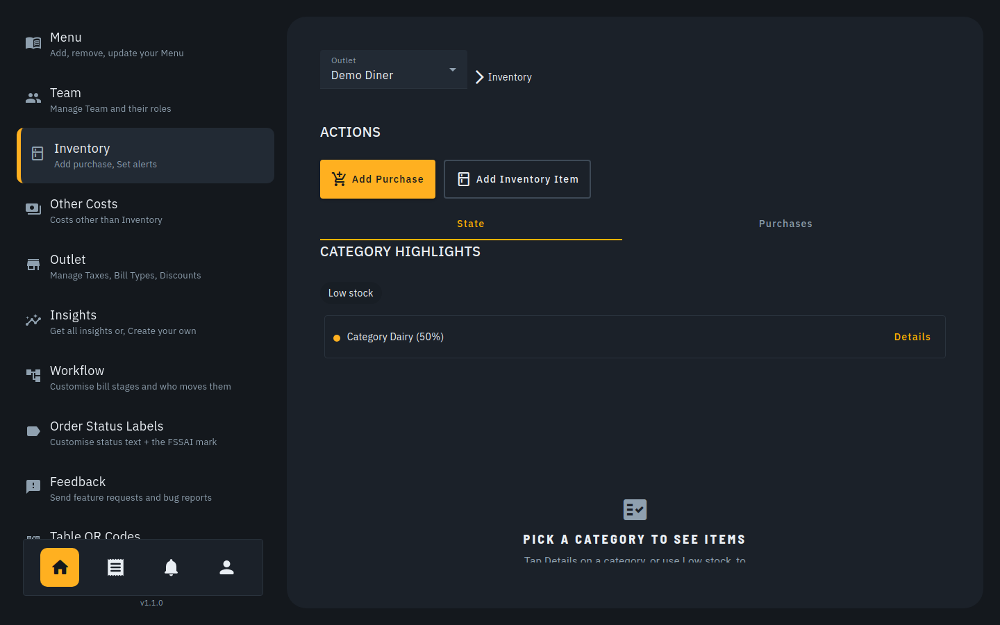 Biller's inventory screen leading with Add Purchase and Add Inventory Item actions and a low-stock category highlight, instead of a full stock ledger.