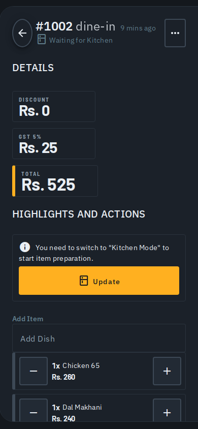 A dine-in bill on a phone: discount, GST and total tiles, a highlighted Update action, and add-item steppers, laid out single-column.