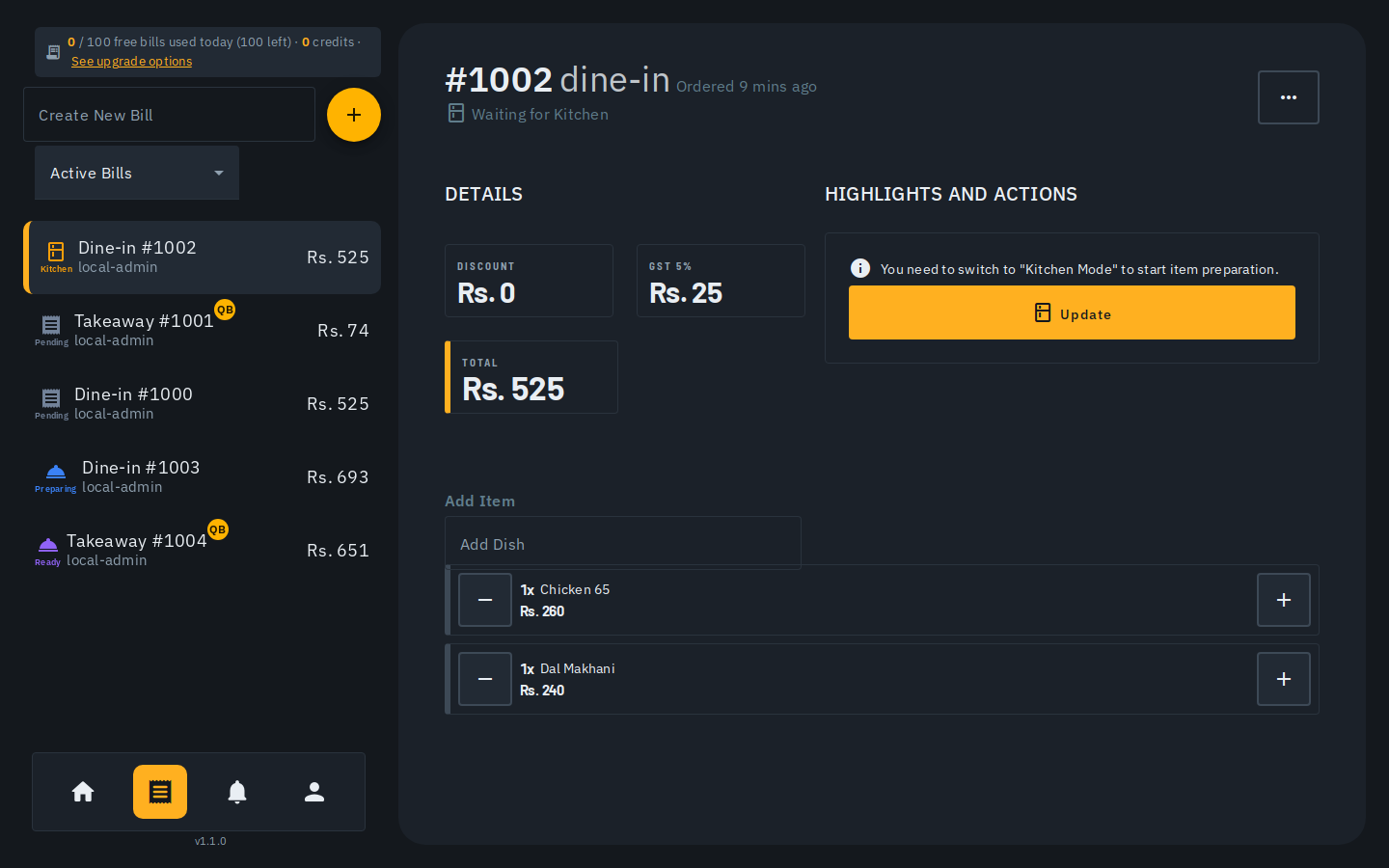 An open dine-in bill in Biller showing discount, GST and total tiles, a highlighted next action reading 'switch to Kitchen Mode to start item preparation', and an add-item list with quantity steppers.